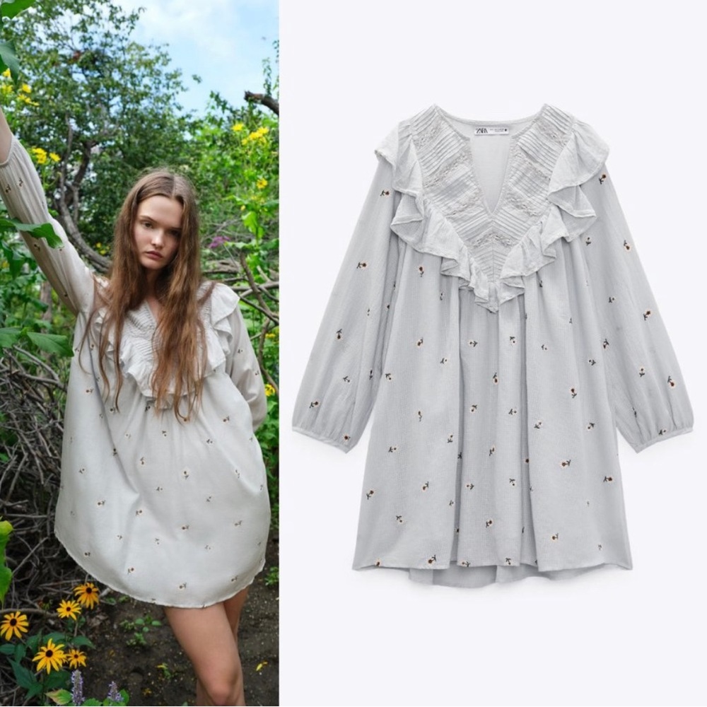 NEW Zara Light Blue Daisy Floral Embroidered Ruffle Neckline Cotton Mini Dress S